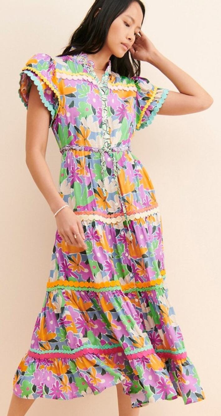 Celia B Aneeta Midi Dress Multicolor Floral Print Tie Waist Womens XL Retro Boho